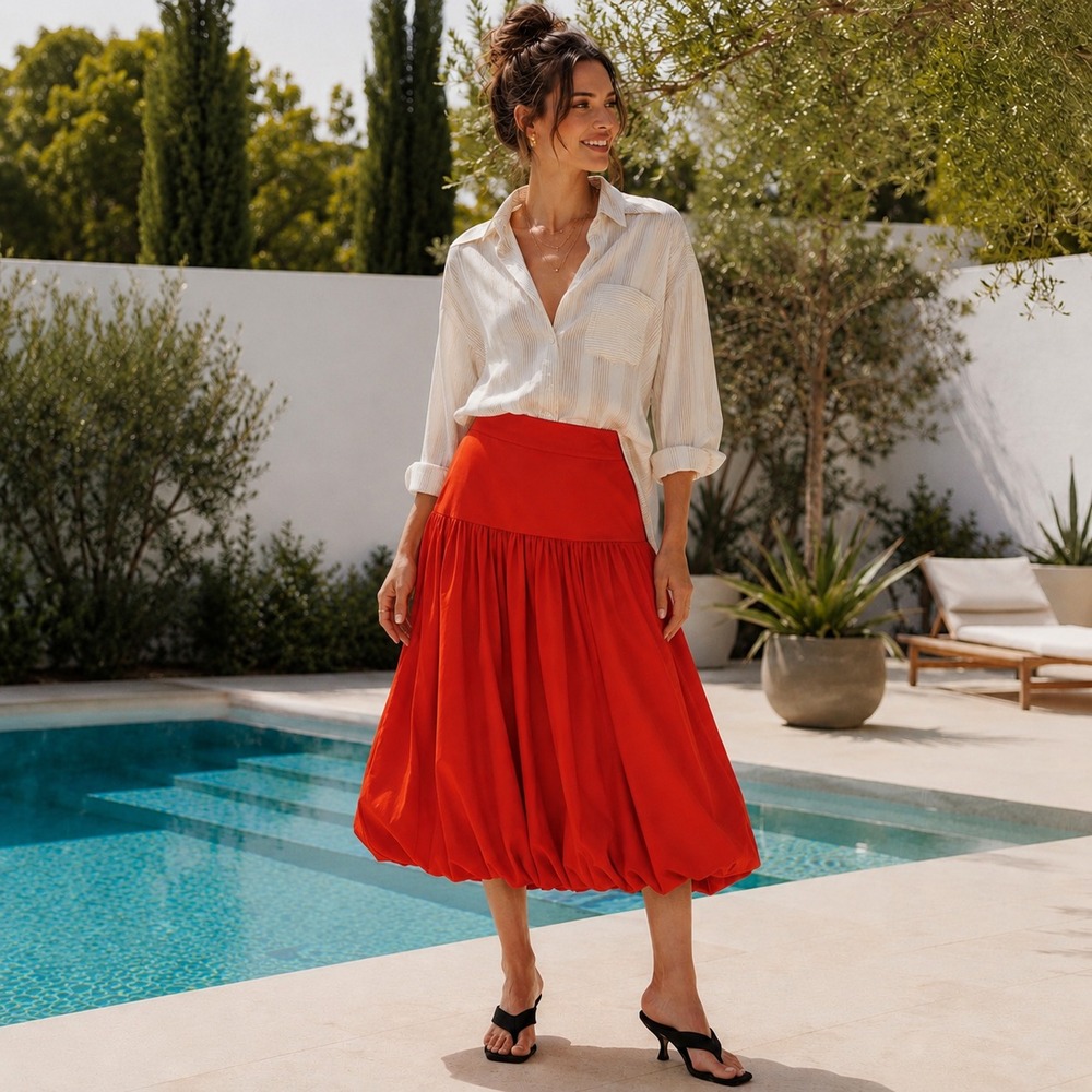 H&M EDITION Women's New Midi Skirt US 8 Bright Red Modern Balloon Pleated